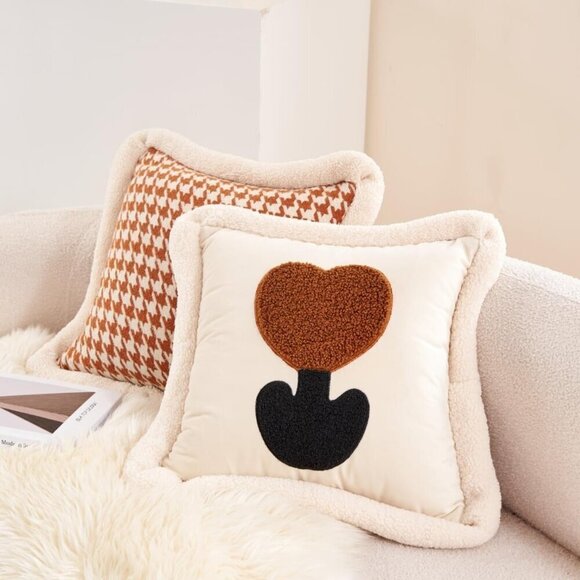 18 Inch Beige Tulip Embroidery Velvet Cushion Luxury Modern Throw Pillow Cover - Picture 5 of 7